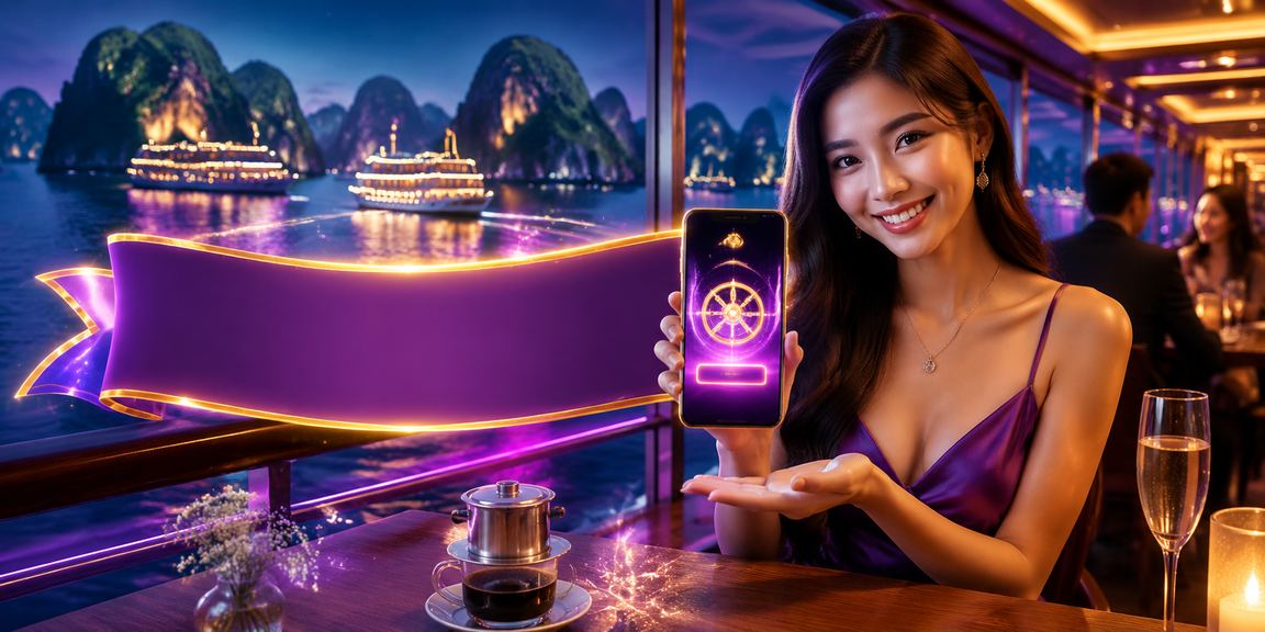Người dùng truy cập k400 trên điện thoại bên vịnh Hạ Long với ly cà phê