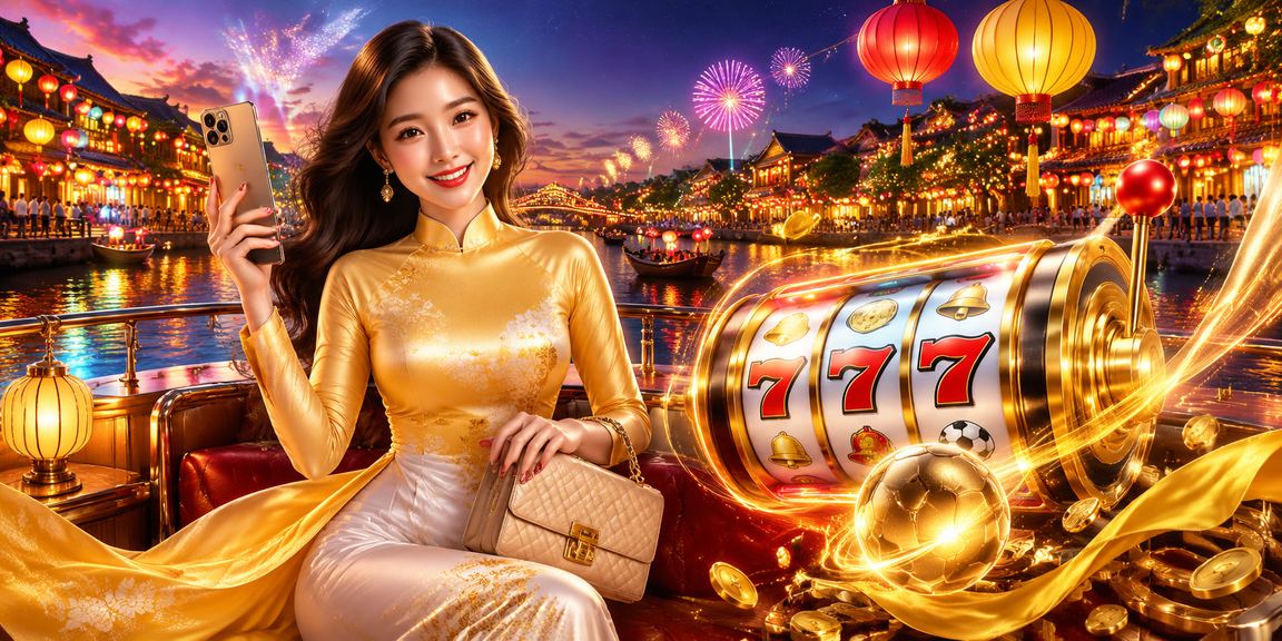 Người chơi slot game tại Hội An trong trang phục áo dài truyền thống kết hợp công nghệ hiện đại